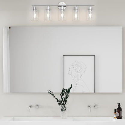 Bathroom Vanity Light Fixtures Polished Chrome Bathroom Lighting Fixture, 5 Lights Bathroom Light Fixture Over Mirror, Modern Black Vanity Light, Wall Sconces with Glass Shades - color: Polished Chrome, size: 5 Lights