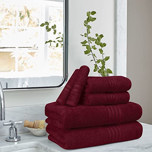 BOUTIQUO 6 Pack Cotton Towel Set, Contains 2 Bath Towels 28x55 inch, 2 Hand Towels 16x24 inch & 2 Wash Coths 12x12 inch, Ideal Everyday use, Ultra Soft Compact & Lightweight - Burgundy - color: Burgundy, size: 6 Pack Set