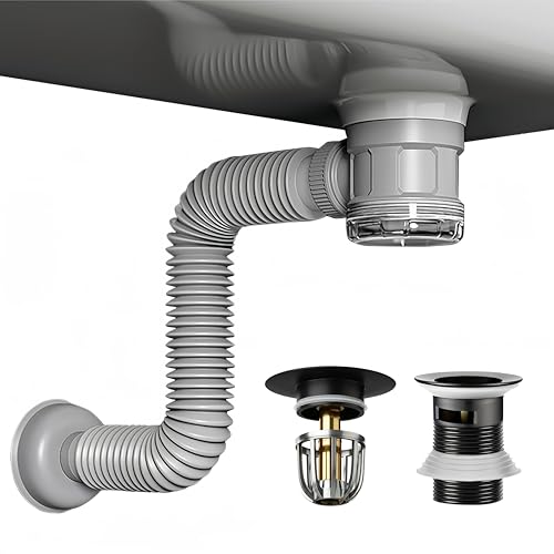 Bathroom Sink Drain Kit with Flexible Expandable Pipe: Odor-Free & Backflow-Preventing, Space-Saving Design without a P-trap, For 1-1/4'' & 1-1/2'' Drain Hole (Black, With Overflow) - color: Black, size: With Overflow