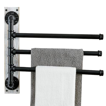 MyGift Swivel Towel Rack, Wall Mounted Towel Holder with 3 Tier Industrial Metal Pipe Towel Bars, Wooden Base Rustproof Swing Out Towel Hanger for Bathroom, Kitchen, Pool (White) - color: Whitewashed / Black