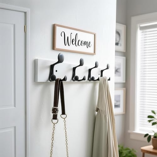 WEBI Coat Rack Wall Mount,24" Solid Wood Coat Hooks Wall Mounted Coat Hanger,16" Hole to Hole,Heavy Duty Hook Rack Rail,4 Triple Hooks for Hanging Coats,Jacket,Clothes,Hat,Backpack,White,2 Packs - color: White, size: 24 Inch(2 Pcs)