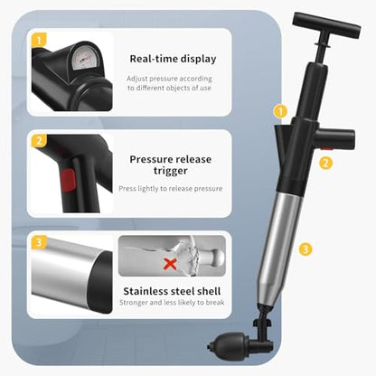 Toilet Plunger, High-Pressure Toilet Snake, Clog Remover, Heavy-Duty Air Drain Unclogger with Visual Barometer, Powerful Drain Auger, Plungers for Bathroom