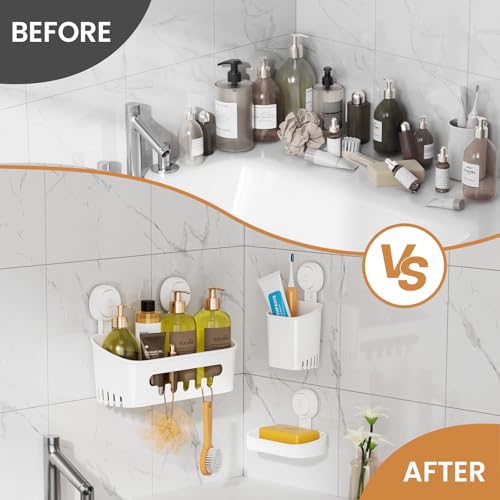 Shower Caddy Suction Cup Set Shower Organizer & Soap Holder & Toothbrush Holder, Bathroom Shelf Basket NO-Drilling, Removable Suction Storage Waterproof Bathroom Caddy, White | Toothbrush Holder, NO-Drilling Bathroom Shelf, Removable Suction Storage, Wate