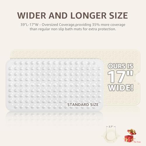 OTHWAY Bath Mat for Tub Non Slip: 39" X 17" Long Bathtub Mat with Hair Catcher│Big Drain Holes Shower Mats for Inside Shower│Machine Washable (Beige) - color: Beige