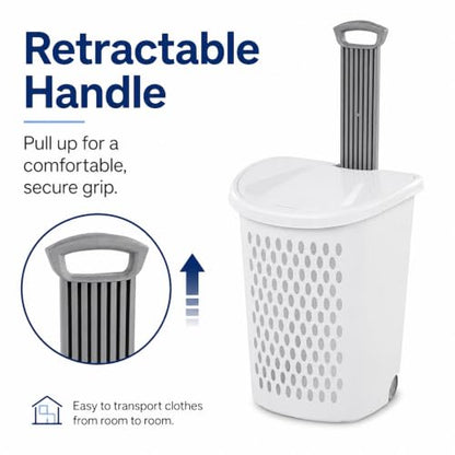 135L White Wheeled Plastic Laundry Hamper - Rolling Laundry Basket with Lid | Pull handle & easy-roll wheels make this rolling laundry hamper with lid easy to move in dorms, apartments & bedrooms. - size: 3.8Bushel