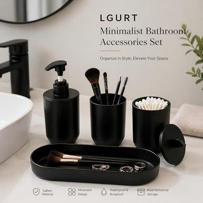 LGURT Matte Black Bath Accessories — 4-Pc Dispenser, Tumbler, Cup & Tray | Plastic, Lotion 10oz / 300ml, Vanity Tray (7.87"×2.56"), Compact for Dorm & Rentals. - color: Model 1-matte Black