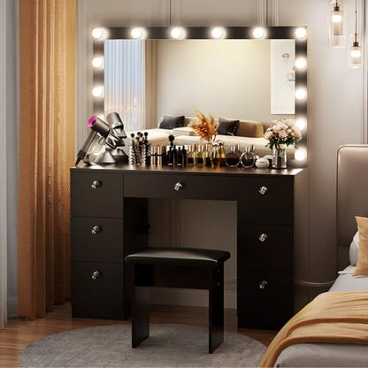 VOWNER Vanity with Lighted Mirror - Makeup Vanity Desk with Power Outlet and 7 Drawers, 3 Color Lighting Modes Adjustable Brightness, 44" Vanity Table with Soft Cushioned Stool for Women Girls, Black - color: Black