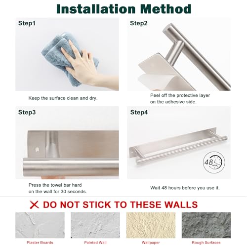 Self Adhesive Towel Bar, 16 Inch Round Towel Racks for Bathroom Wall Mounted SUS304 Stainless Steel Towel Hanger for Kitchen, No Drill or Screw-Mounted Towel Holder (Brushed Nickel) - color: Brushed Nickel