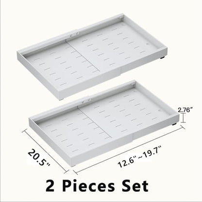 2PCS Expandable Pull Out Cabinet Organizer pots and pans organizer under cabinet Upgrade 3 Slide Rails Slide Out Drawers Roll Out Shelves Adhesive (white, (2pcs) 20.5“D*12.6"~19.7" W*2.76H) - size: (2pcs)20.5“D*12.6"~19.7"W*2.76H