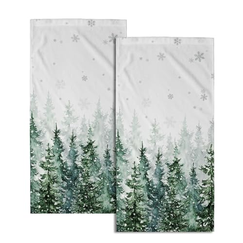 Winter Green Forest Hand Towels for Bathroom Christmas Kitchen Towels Set of 2 Green Xmas Tree Snowflake Dish Towels 14x28in Winter Christmas Decoration Hand Towels for Home Farmhouse Hotel Spa Gym - color: Winter Green Forest