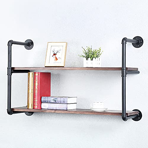 Industrial Pipe Shelves With Wood Planks,Rustic Pipe Shelving Wall Shelf | Metal Pipe Solid Pine Wood,Easy to Assemble,Wooden Board Thickness 0.78 In,For Bar Farmhouse Kitchen Office Bathroom,Bedroom - color: 2-layer, size: 36in