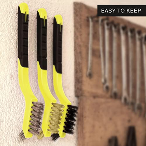 Wire Brush Set 3Pcs - Nylon/Brass/Stainless Steel Bristles with Curved Handle Grip for Rust, Dirt & Paint Scrubbing with Deep Cleaning – 7 Inches (Yellow) - color: Yellow