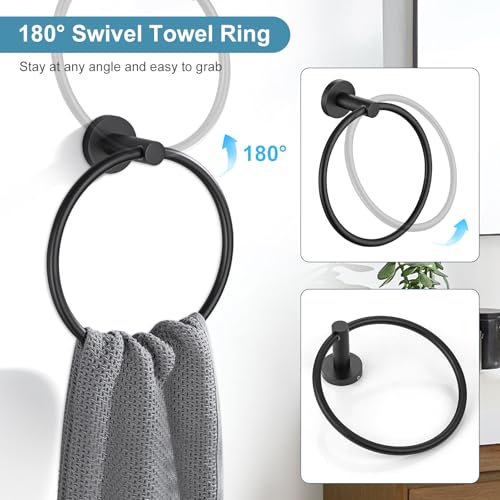 TQKAG Matte Black Bathroom Hardware Set 6-Piece Bathroom Accessory Set 23.6 Inch Round Stainless Steel Towel Bar Set Wall Mounted - color: Matte Black, size: 6-Pieces Set