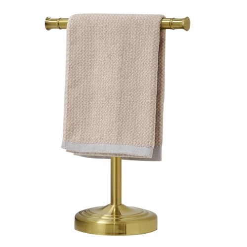 RUMOSE Brushed Gold Hand Towel Holder Stand Countertop Towel Rack | 13 Inch Bathroom Kitchen Vanity T-Shape Towel Stand Free Standing Stainless Steel Towel Bar Towel Ring - color: Brushed Gold