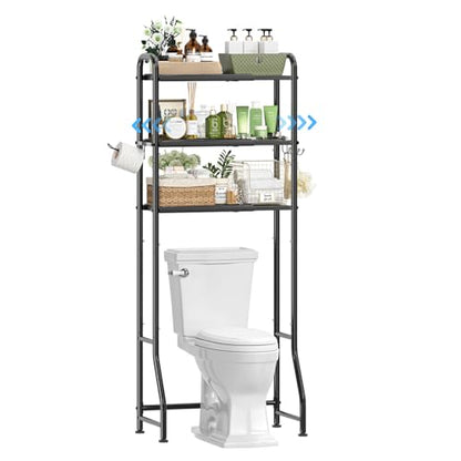 Simple Trending Expandable Over The Toilet Storage Rack, Metal 3 Tier Bathroom Organizer Shelf with Paper Holder and 3 Hooks, Black - color: Black