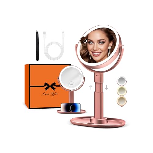 B Beauty Planet Makeup Mirror with Lights, Lighted Magnifying Mirror 30X with 3 Lighting and Adjustable Brightness, 2-Sided Height Adjustable Vanity Mirror for Bathroom, Gifts for Women Rose Gold - color: Rosegold
