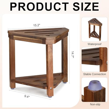 Acacia Wood Shower Stool for Shaving Legs, Corner Bath Shower Bench | Shower Foot Rest with Storage Shelf for Inside Small Shower Spaces, Waterproof Shower Foot Stool for Inside Shower