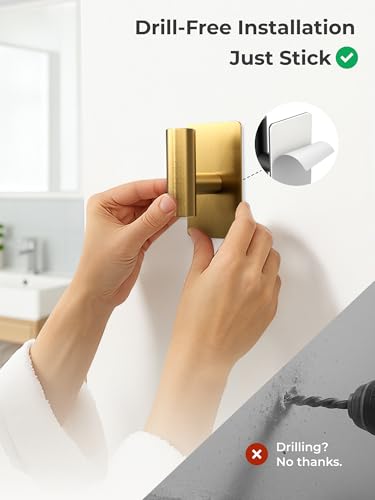 GWAAZXGZ Wall Towel Hooks, Heavy Duty Adhesive Hooks(Gold, 4 Pack) | Self-Adhesive, Stainless Steel, Rust Resistant, No Drill, Easy Install, Space Saving - color: Gold, size: 4 Pack