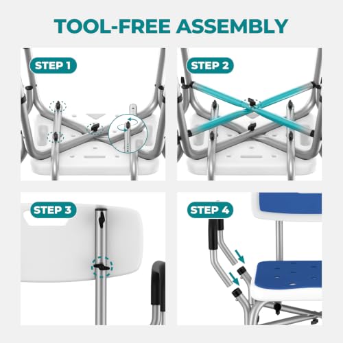 Shower Chair for Inside Shower with Arms & Back, 550 lbs, 6 Heights | Dual Crossbar Frame, Non-Slip Feet, 22-Inch EVA-Cushioned Seat, Showerhead Holder, Rust-Resistant Aluminum, Tool-Free Setup - color: Blue