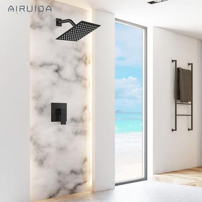 Airuida Matte Black Shower Faucet Set,8 Inch Shower Valve Kit | Square Showerhead,Female Thread Rough-in Valve,Bathroom Rain Shower System,Single Function Handle - color: Matte Black
