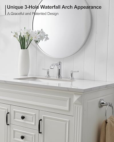 Waterfall Chrome Bathroom Faucet 3 Hole, Brass 4-16 Inch Widespread Bathroom Sink Faucet with Pop Up Drain, cUPC Supply Lines and 2 Handles for Vanity, Restroom, 10 Min Install - color: Chrome