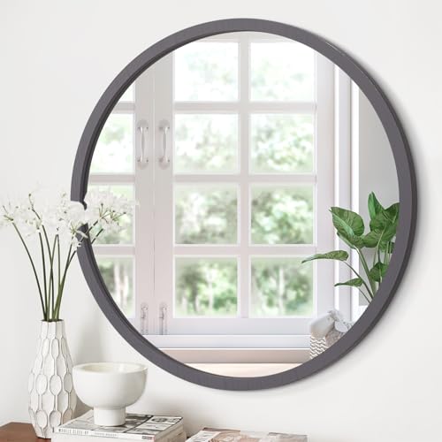JJUUYOU Circle Wall Mirror 16 Inch Round Wall Mirror for Bathroom Farmhouse Gray Circular Mirrors Washroom Wall Decor Wood Frame Mirrors for Living Room Bedroom Dorm Decorative - color: Grey, size: 16"L x 16"W
