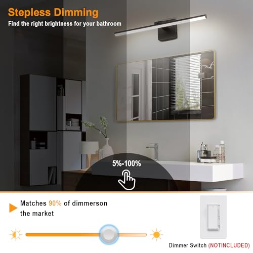 LED Bathroom Vanity Light, Modern Bathroom Light Fixture Over Mirror (3000K/4000K/6000K, Dimmable), Vanity Light Bar with Angle Adjustable, 24 Inch, Black - color: Black, size: 24 inch