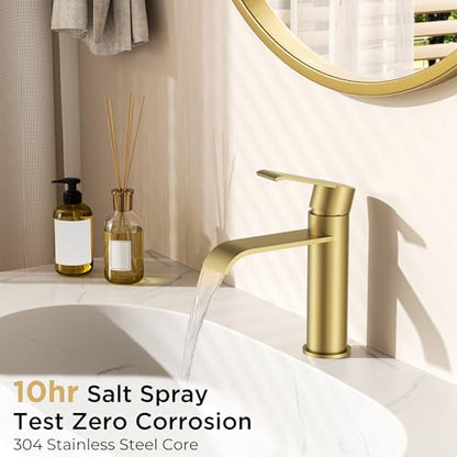 FORIOUS Brushed Gold Bathroom Faucet Single Hole, Gold Waterfall Faucet | 1 Hole Waterfall Bathroom Faucet Gold, Single Handle Gold Vanity Faucet for Bthroom Sink One Hole with Deck Plate and Drain - color: Brushed Gold