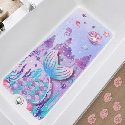 Cinrobiye Bath Mat for Tub Non Slip, 40 x 16 Inch Mermaid Cartoon Bathtub Shower Mat with Suction Cups and Drain Holes, Waterproof Machine Washable Bathroom Mat - color: Pink