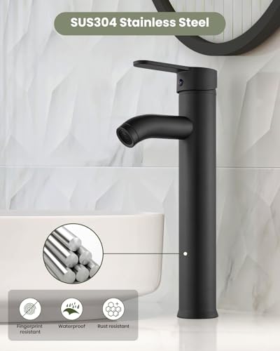 gotonovo Bathroom Vessel Sink Faucet Metal Pop Up Drain, Matte Black | Tall Bathroom Faucet 1 Hole Single Handle Modern Round Body, cUPC Water Supply Hoses, for Basin Vanity Lavatory Restroom Rv - color: Black