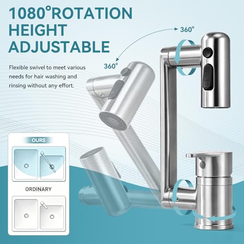 1080°Rotatable Bathroom Vanity Faucet 1 Hole, Height Adjustable Single Handle Sink Faucet Bathroom with 3 Water Outlet Modes - color: Nickel-2