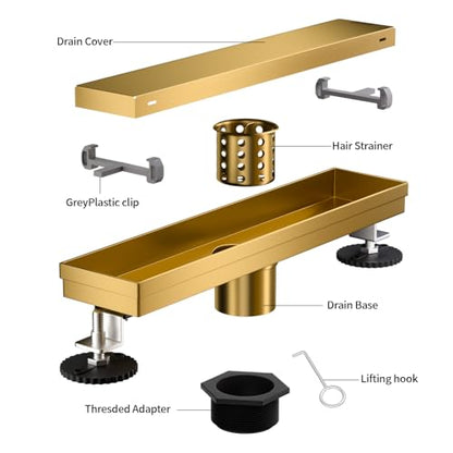 Linear Shower Drain, 304 Stainless Steel with Adjustable Leveling Feet, Hair Strainer,Reversely Install Place to Create an Invisible Floor Drain - Gold -16-Inch - color: Brushed Gold, size: 16inch