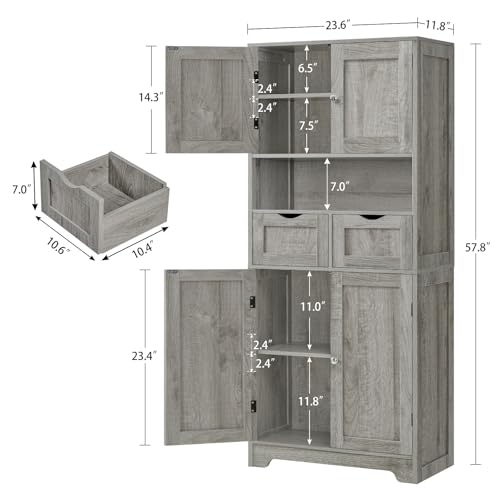 Iwell Tall Storage Cabinet with Adjustable Shelf, Bathroom Cabinet with 2 Drawers, Linen Cabinet for Living Room, Grey - color: Grey-4 Shelves