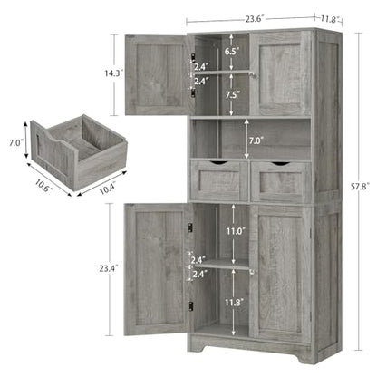 Iwell Tall Storage Cabinet with Adjustable Shelf, Bathroom Cabinet with 2 Drawers, Linen Cabinet for Living Room, Grey - color: Grey-4 Shelves