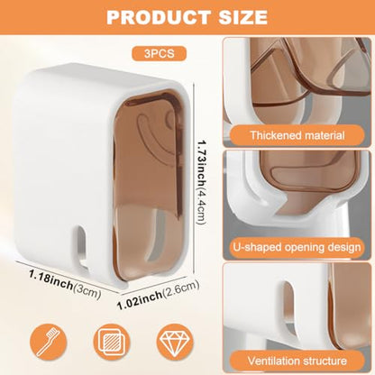3PCS Single Slot Toothbrush Holder Wall Mounted with Cover,Waterproof | Toothbrush Cover for Shower,Self Adhesive Hanging Toothbrush Organizer for Manual/Electric Toothbrush,Family Travel,brown - color: Brown