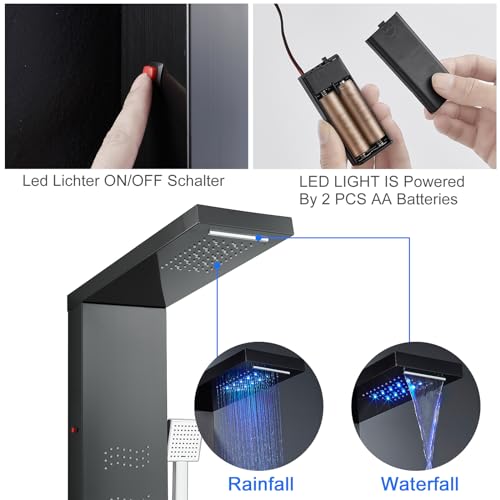 Stainless Steel Shower Panel Tower System with LED Lights, 5 in 1 Shower Panel with Rainfall Waterfall Shower Head, Body Spray, Handheld Shower, Tub Spout (Black) - color: Black - Wave Body Spray