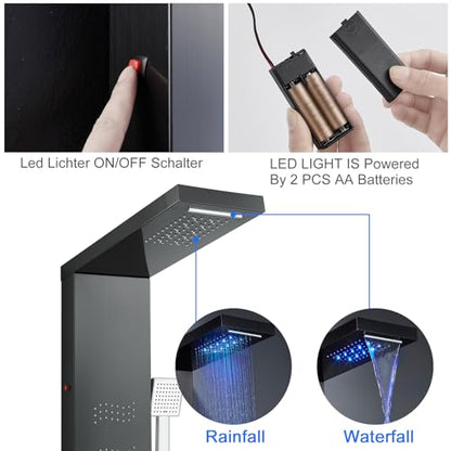 Stainless Steel Shower Panel Tower System with LED Lights, 5 in 1 Shower Panel with Rainfall Waterfall Shower Head, Body Spray, Handheld Shower, Tub Spout (Black) - color: Black - Wave Body Spray