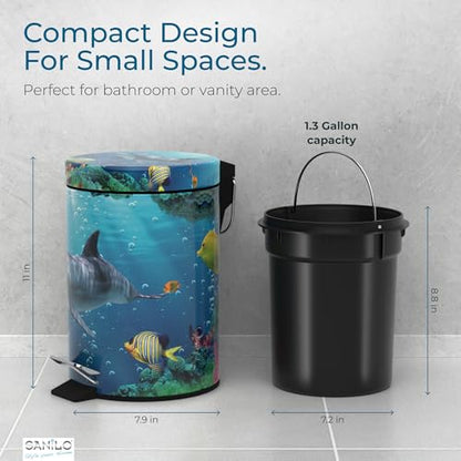 Sanilo Small Bathroom Trash Can with Lid [1.3 Gallon] - Lidded Tiny Trashcan for Garbage - Mini Metal Bin with Soft Closing Mechanism - Bath Room Accessoire Wastebin with Inner Bucket (Dolphin) - color: Dolphin
