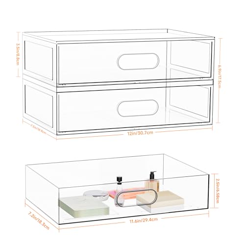 Clear Stackable Makeup Organizer with Drawer, 12''W Acrylic Storage Drawers | Cosmetic Display Case for Vanity Bathroom Countertop Drawers, Beauty Holder for Lipstick Brush Skincare Perfume - size: 3 Tier