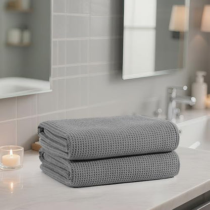 POLYTE 380 GSM Poly Blend Microfiber Quick Dry Waffle Bath Towel, 30x60 in | 2 Pack, Oversize, Lint Free, Body Towel - color: Gray