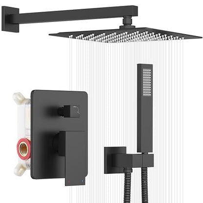 ESNBIA Black Shower Faucet Set, 12 Inches Rainfall Shower System with Rain Shower Head and Handle Set, All Metal Shower Fixtures with Pressure Balance Shower Valve, Matte Black - color: Matte Black, style: 12 Inches