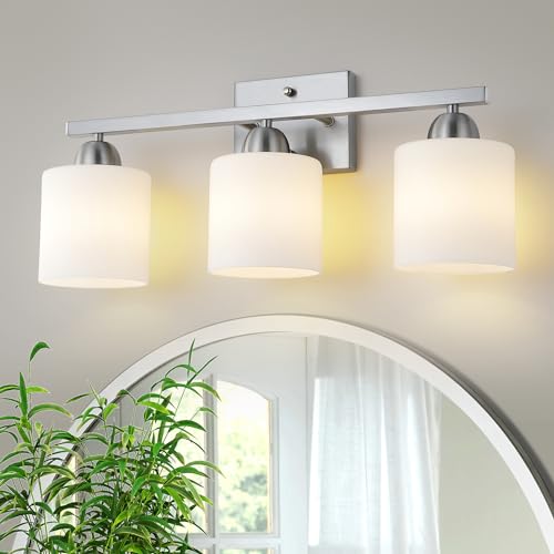 Mecgirn Stainless Steel Milk Glass Vanity Lights for Bathroom, 3 Light Brushed Nickel Bathroom Light Fixtures Over Mirror, Ceramic E26 Sockets Wall Mounted - color: Brushed Nickel, size: 3 Light