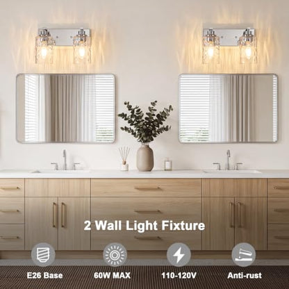 2-Light Bathroom Light Fixtures Modern Chrome Vanity Lights | Easy to Install Clear Hammered Glass Shades, Rippled Glow, Wall Mount Up or Down, E26 Socket, Hardwired, 120V - color: Chrome Hammer, size: 2 Lights