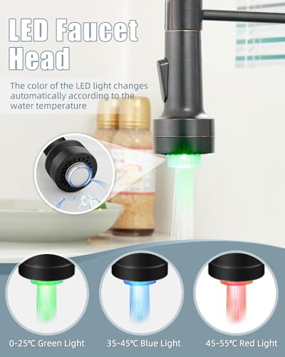 Bronze Kitchen Faucet with Sprayer, Kitchen Faucet with Soap Dispenser,Ktchen Faucets with Pull Down Sprayer,Single Hole Kitchen Sink Faucet with LED light,Oil Rubbed Faucet for Kitchen Sink - color: F-Oil Rubbed Bronze, style: Rustic