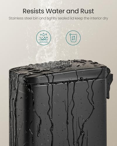 SONGMICS Bathroom Trash Can, 1.3 Gallon (5 L) Small Trash Bin with Lid, Slim for Small Spaces, Stainless Steel Garbage Can, Soft Close, Black ULTB560B05 - color: Black, style: 1.3 Gal.