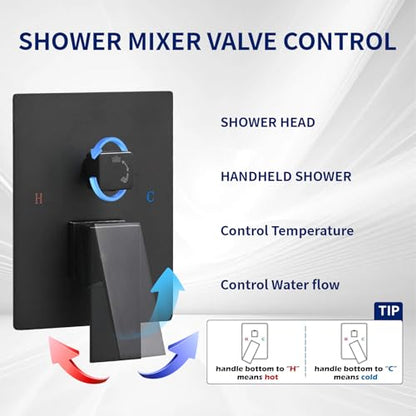 BWE 12 Inch Matte Black 2-Faction Wall Mounted Bathroom Shower System Set | Brass and Stainless Steel,Rainfall Shower Head,Handheld Shower Head,Pressure Balance Valve,Escutcheon Plate,Hotel,Bath Center - color: Matte Black, size: 12 Inch