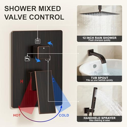 Oil Rubbed Bronze Shower System with Tub Spout, Ceiling Mounted Bathtub Shower Faucet Set, 12" Rainfall Shower Head and Handheld Shower Combo, High Pressure Shower Fixtures Set with Rough-in Valve - color: Oil Rubbed Bronze, style: 12" Ceiling Mounted Sho