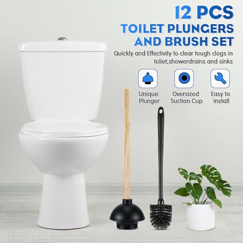 Sawysine 12 Pcs Commercial Toilet Plunger and Brush Set 6 Pack 18" Rubber Plunger with Double Thrust Force Suction Cup Handle and 6 Pack 16.54" Toilet Bowl Brush Bulk for Store Restaurant (Wood)