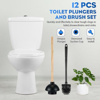 Sawysine 12 Pcs Commercial Toilet Plunger and Brush Set 6 Pack 18" Rubber Plunger with Double Thrust Force Suction Cup Handle and 6 Pack 16.54" Toilet Bowl Brush Bulk for Store Restaurant (Wood)