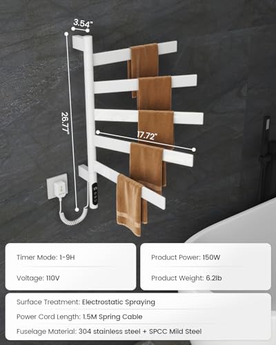 Heated Towel Racks for Bathroom, Wall Mounted Towel Warmer Swivel with Timer & Temp Control, Digital Touch Panel, 110V IPX5 Hardwired & Plug-in